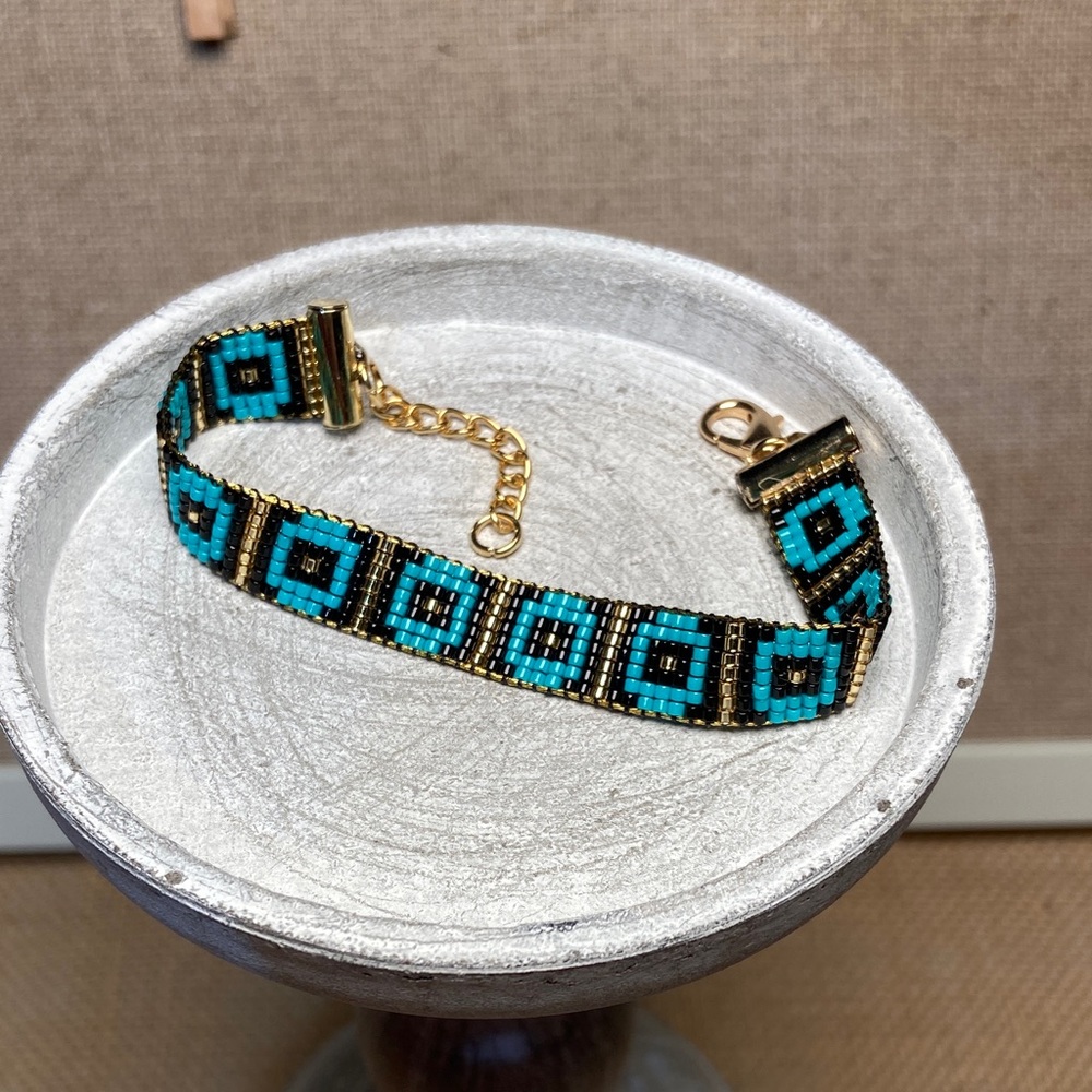Turquoise and Black Beaded Bracelet Handcrafted